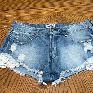 Denim Blvd Blue Jean Shorts with Distressed Lace Trim L